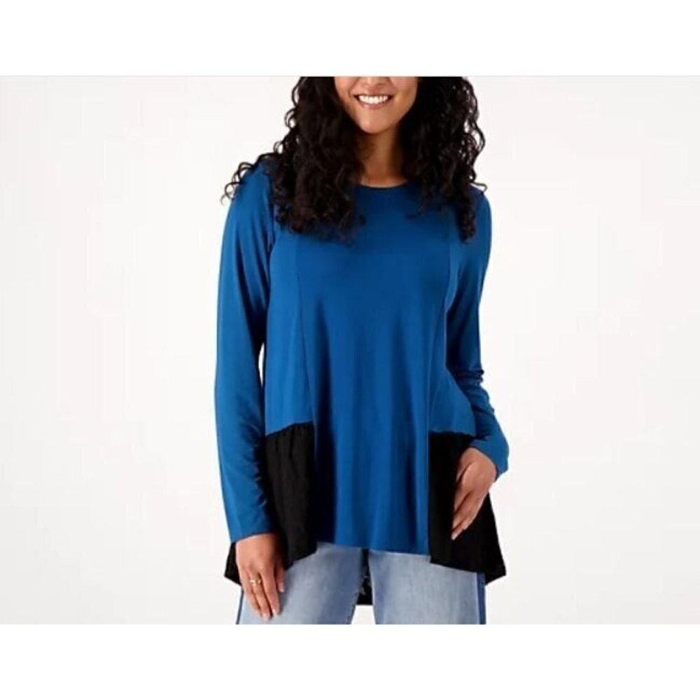 LOGO Lori Goldstein Top Womens Medium Blue Black Tunic Rayon 230 Jacquard Hem